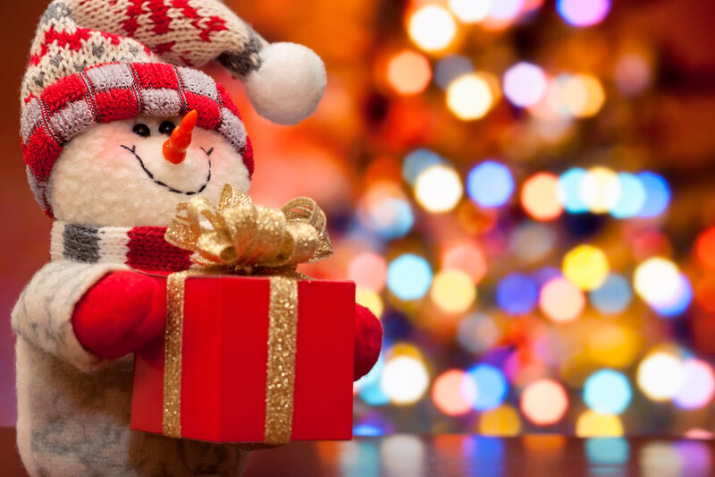 Snowman Holding Gift — Red, Festive, Winter, Photograph, Gift Box
