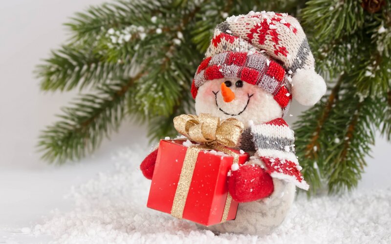 Snowman Holding Gift — Red, Festive, Winter, Photograph