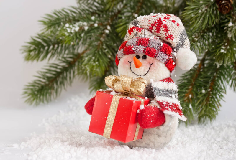 Snowman Holding Gift — Red, Festive, Winter