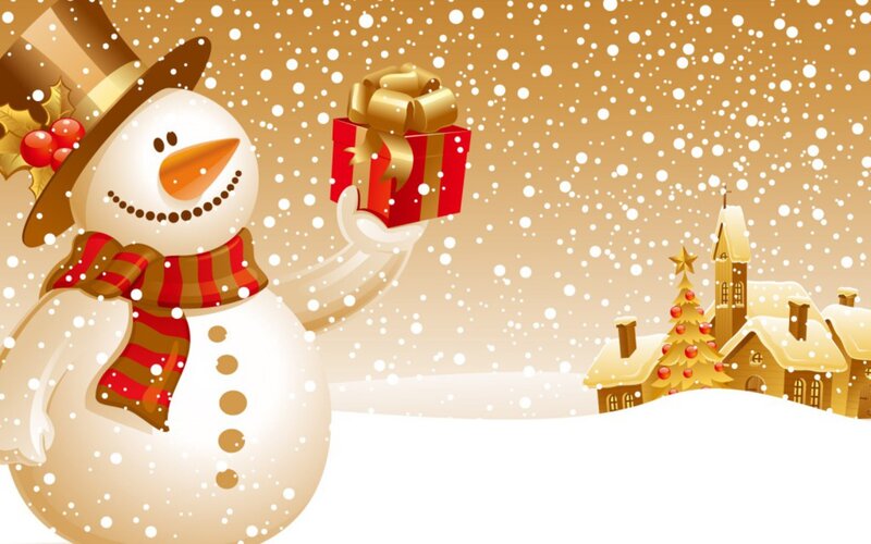 Snowman Holding Gift — White, Festive, Winter, Illustration