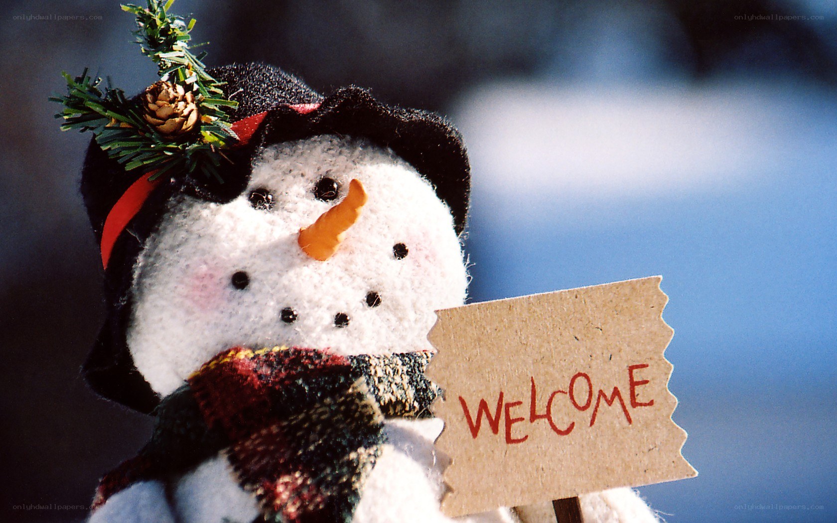 Snowman holding welcome sign