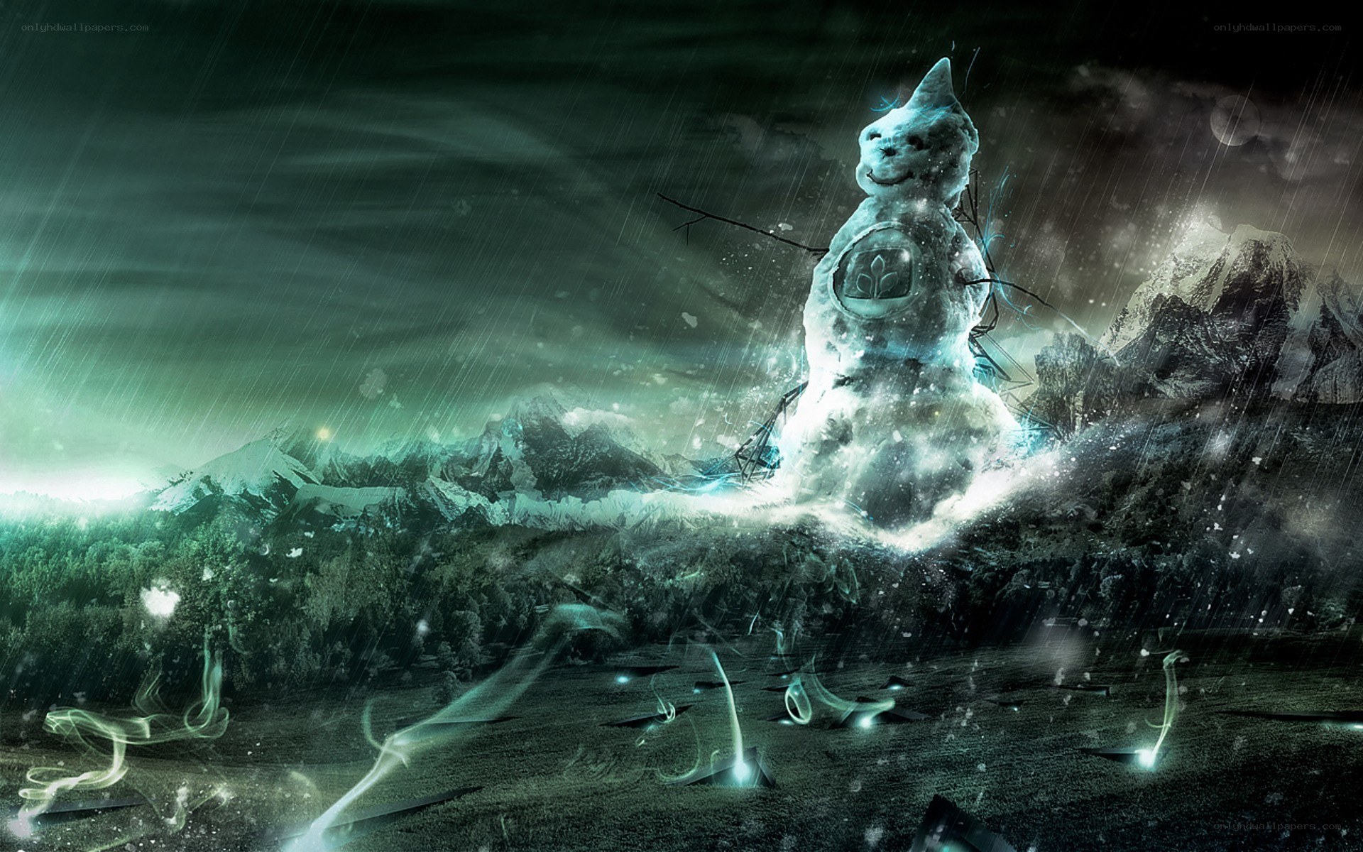 snowman in a stormy landscape