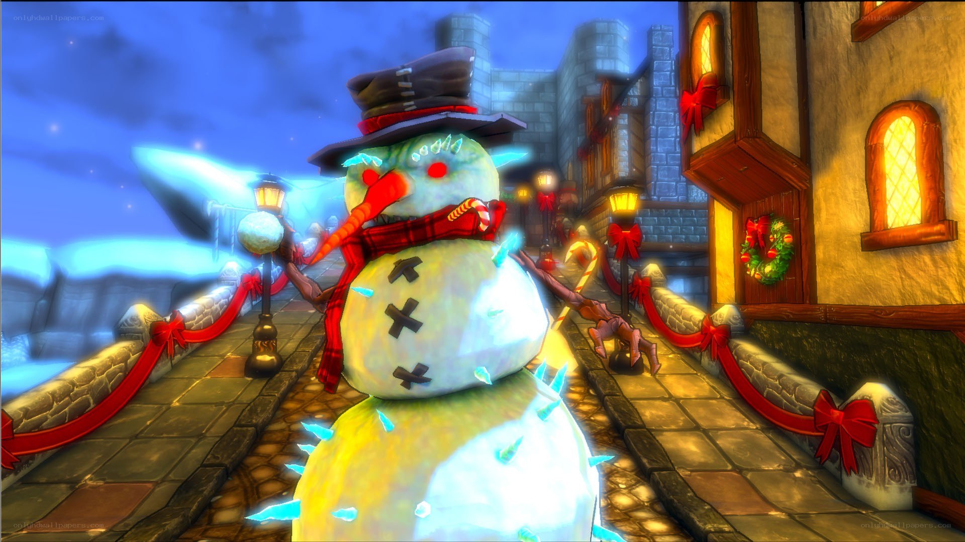 snowman in festive town