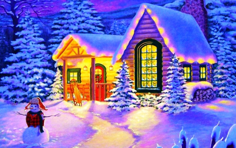 Snowman in Front of Cabin — Blue, Cozy