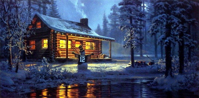 Snowman in Front of Cabin — Blue, Serene