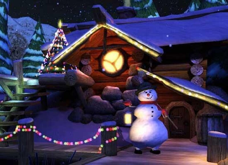 Snowman in Front of Cabin — Blue