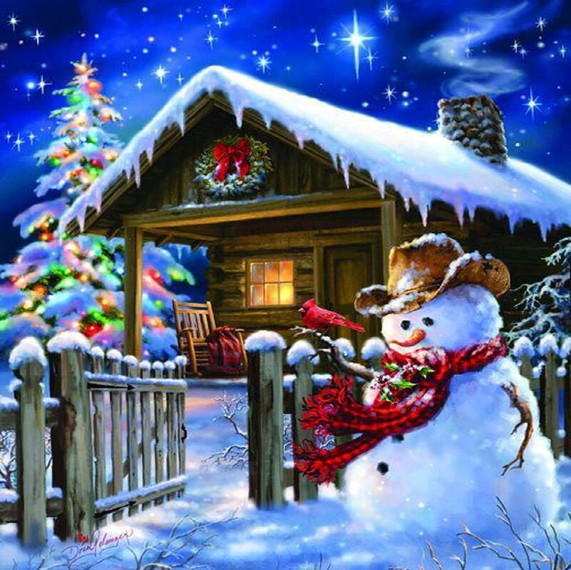 Snowman in Front of Cabin