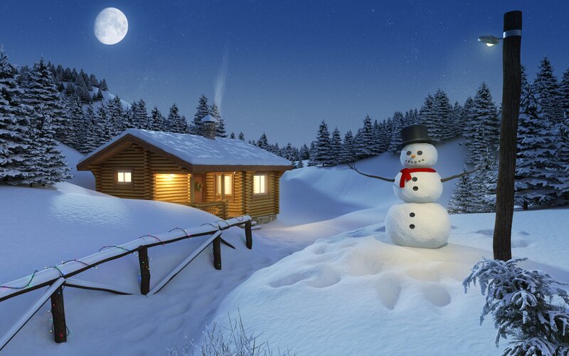 Snowman in Front of Cabin — White