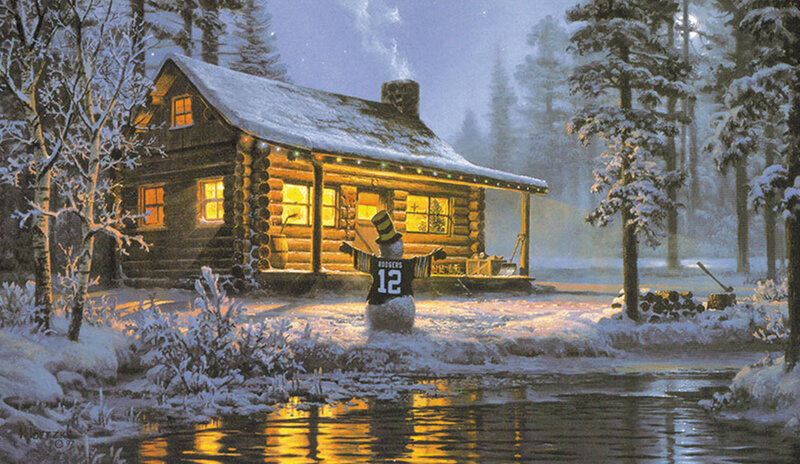 Snowman in Front of Cabin — Yellow