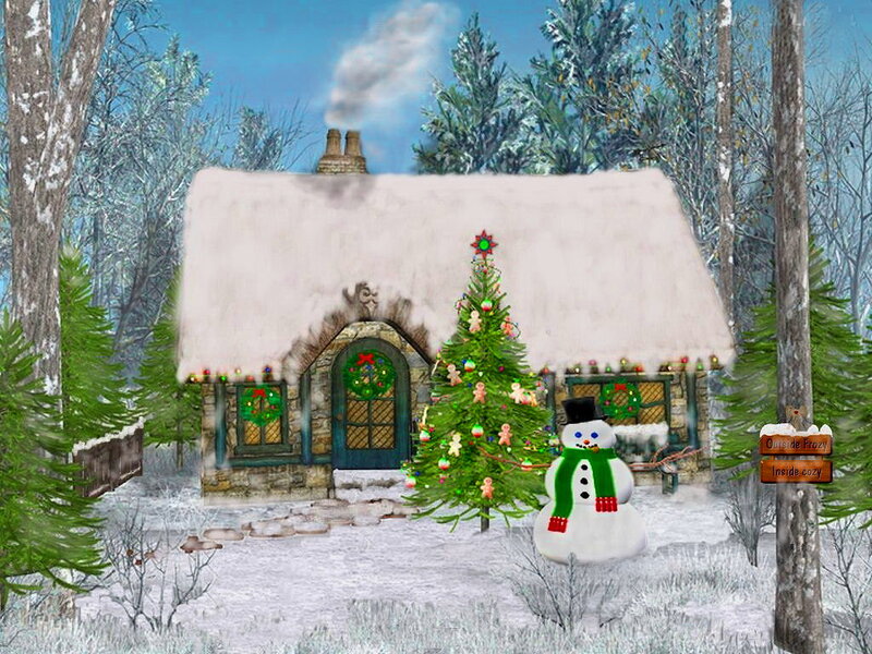 Snowman in Front of Cottage