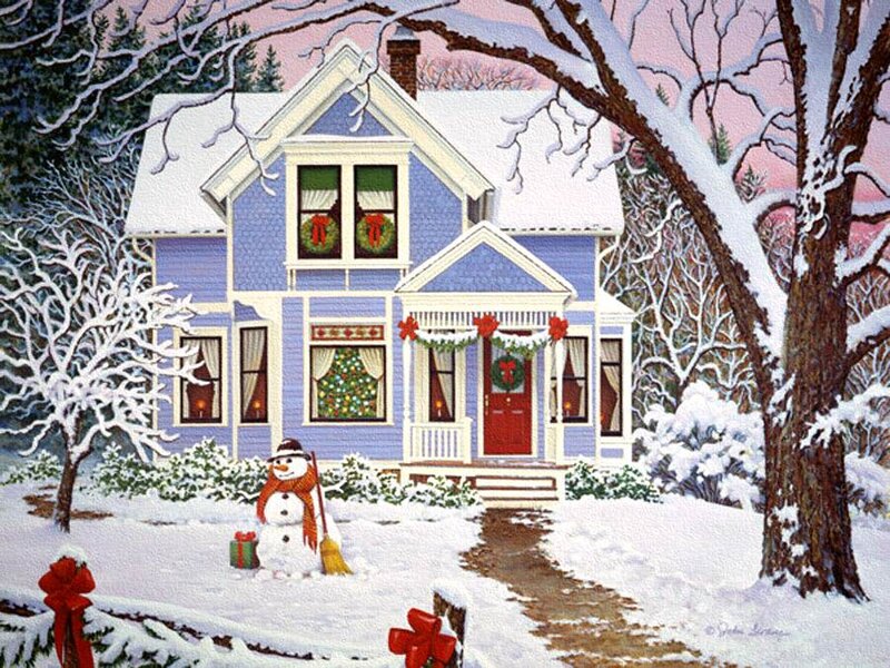 Snowman in Front of House — Blue