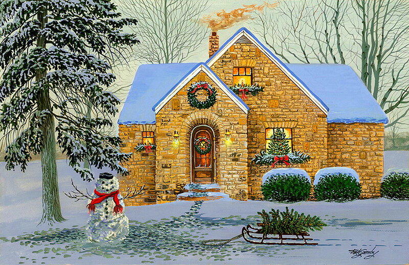 Snowman in Front of House — White