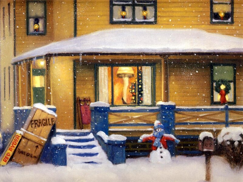 Snowman in Front of House — Yellow
