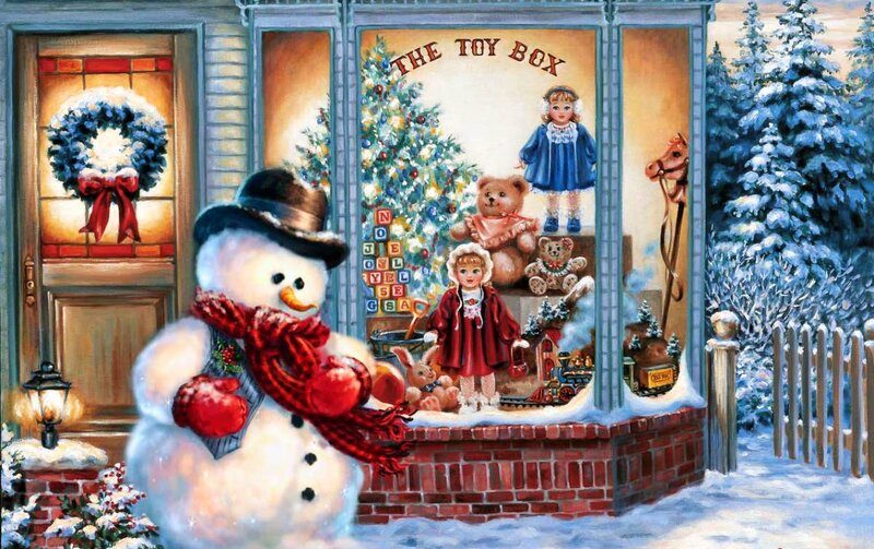 Snowman in Front of Toy Store