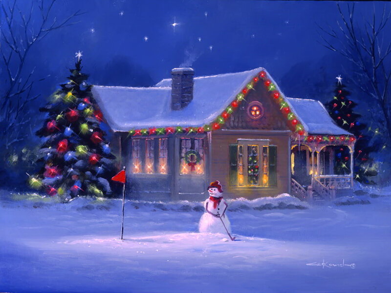 Snowman in Front Yard — Blue, Peaceful, Night