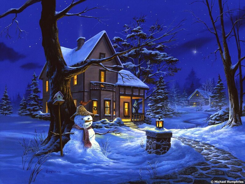 Snowman in Front Yard — Blue, Serene