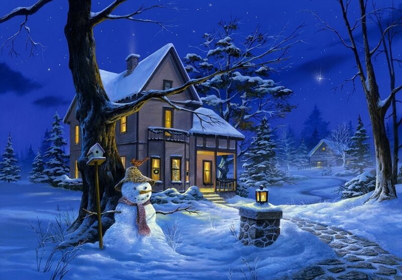 Snowman in Front Yard — Blue