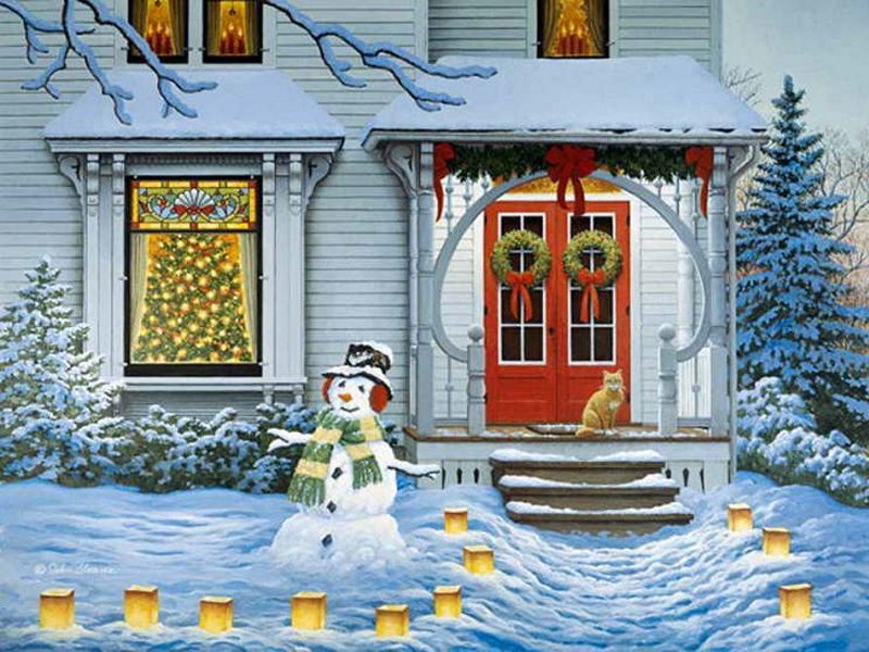 Snowman in Front Yard — White, Festive