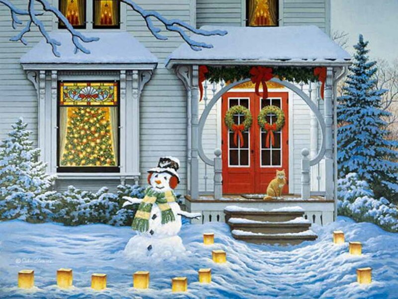 Snowman in Front Yard — White, Festive, Winter, Painting