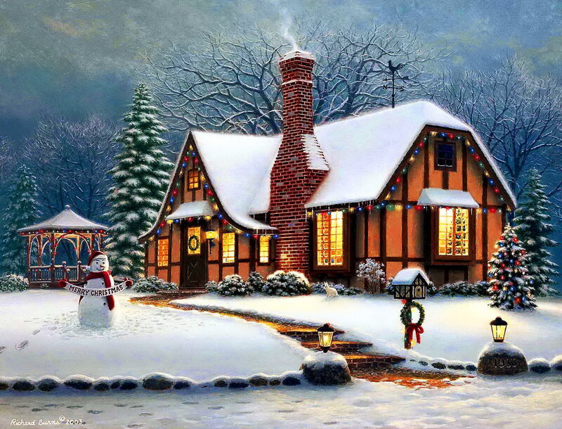 Snowman in Front Yard — White, Peaceful, Night, Painting