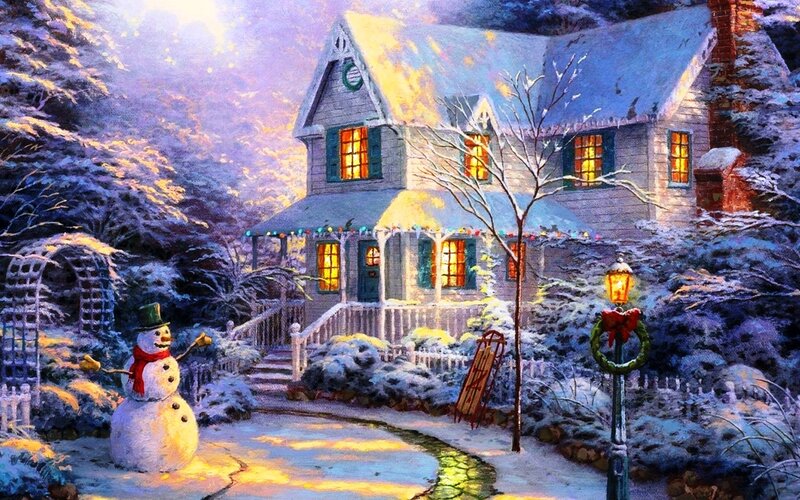 Snowman in Front Yard — White, Peaceful, Night