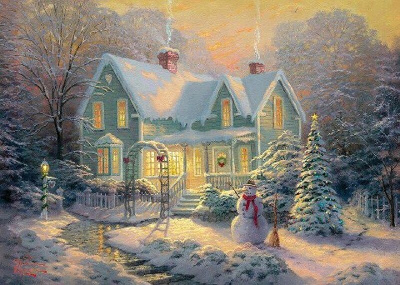 Snowman in Front Yard — White, Peaceful, Winter, Painting, House, Christmas Tree