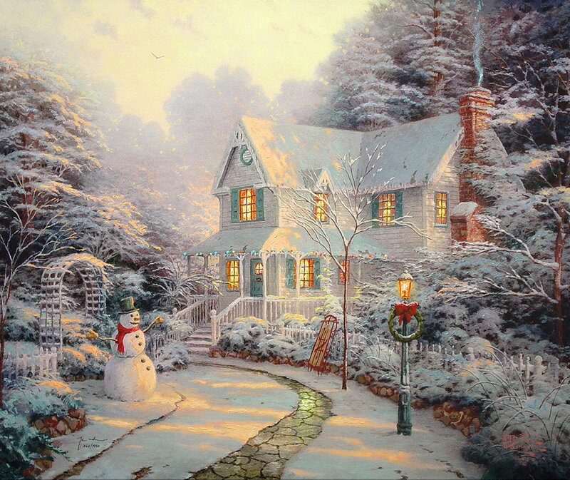 Snowman in Front Yard — White, Peaceful, Winter, Painting, House, Snow, Lamp Post