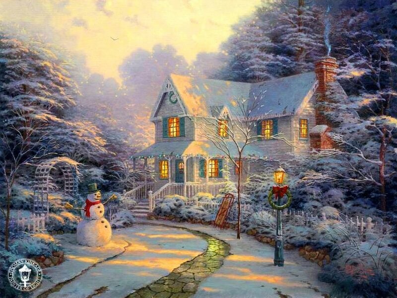 Snowman in Front Yard — White, Peaceful, Winter, Painting, House, Snow