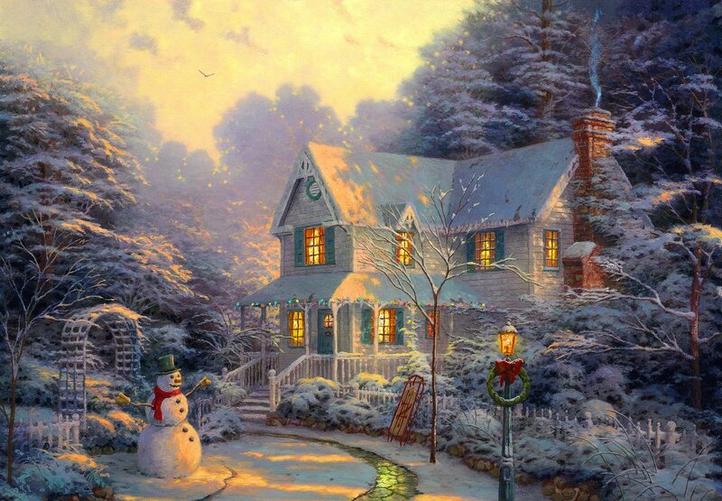 Snowman in Front Yard — White, Peaceful, Winter, Painting, House, Snow, Trees