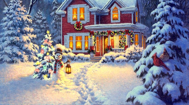 Snowman in Front Yard — White, Peaceful, Winter, Painting, Snow-covered House