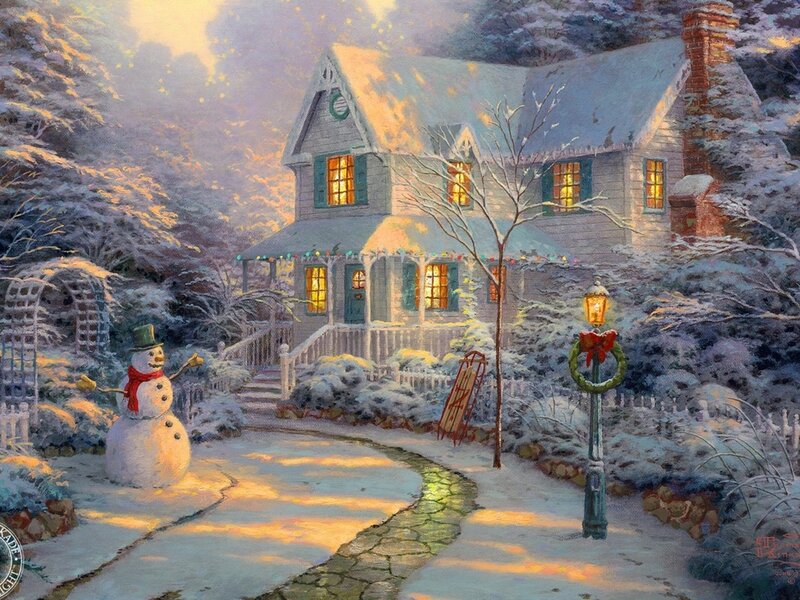 Snowman in Front Yard — White, Peaceful, Winter, Painting