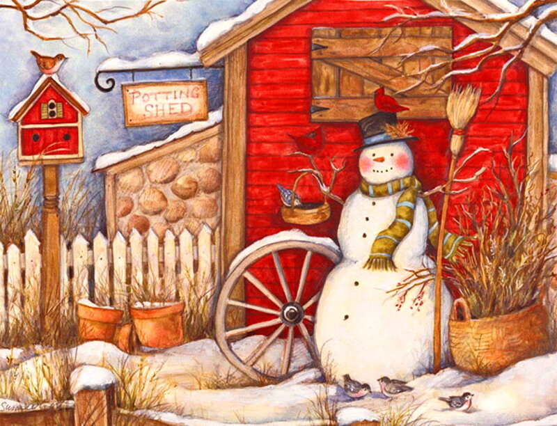Snowman in Garden — Red