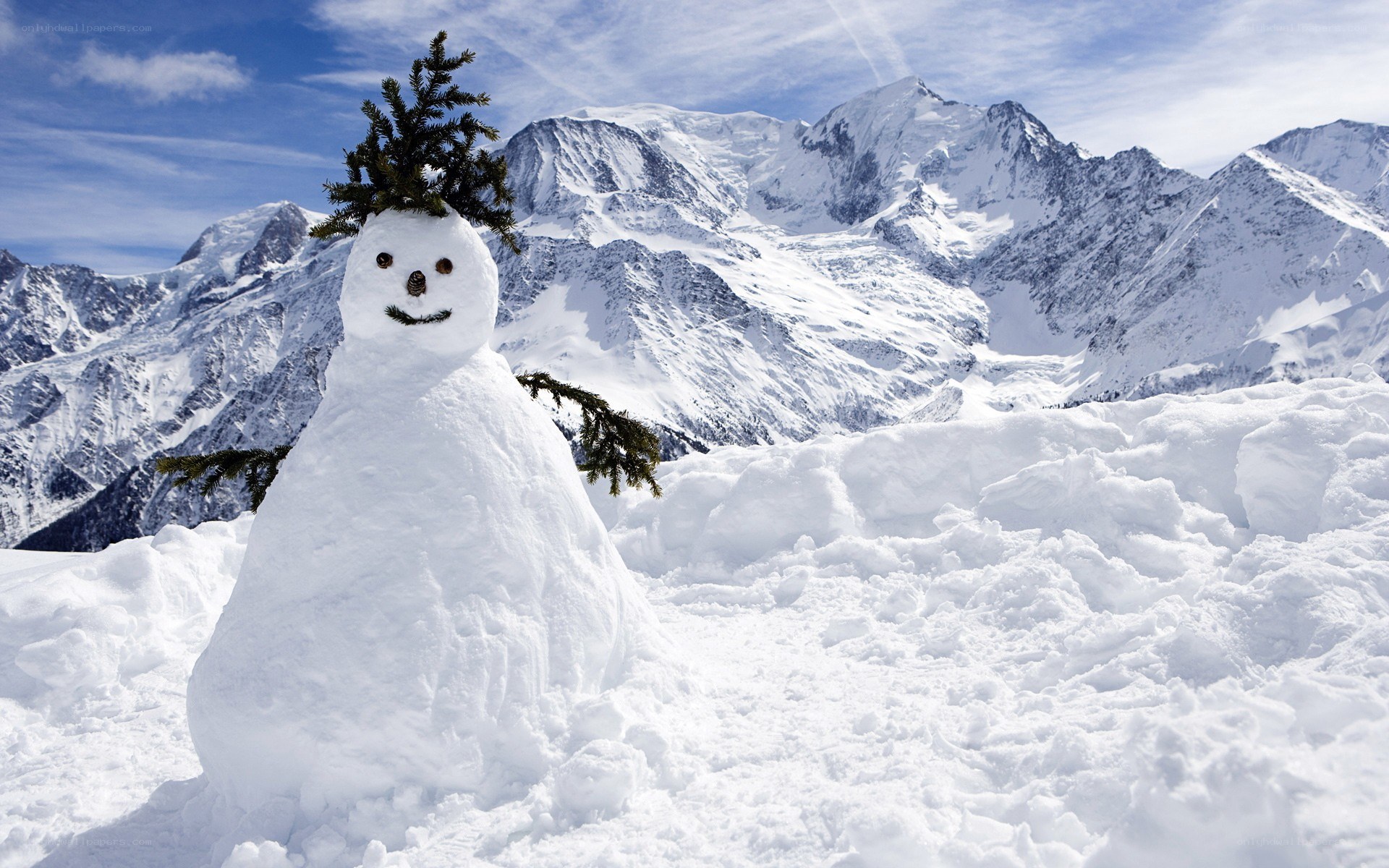 Snowman in mountain landscape