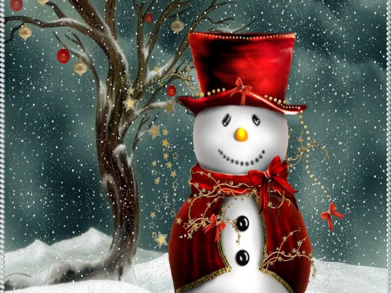 Snowman in Red Hat — Festive, Winter, Digital Art