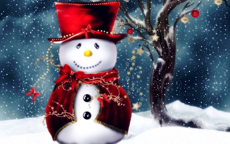 Snowman in Red Hat — Festive, Winter, Digital Art, Tree, Ornaments