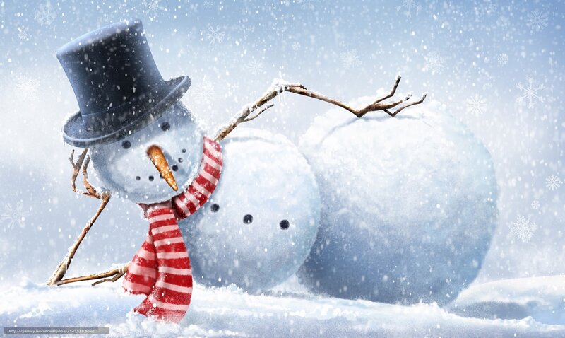 Snowman in Snow — White, Festive, Winter, Digital Art, Top Hat, Scarf, Branches