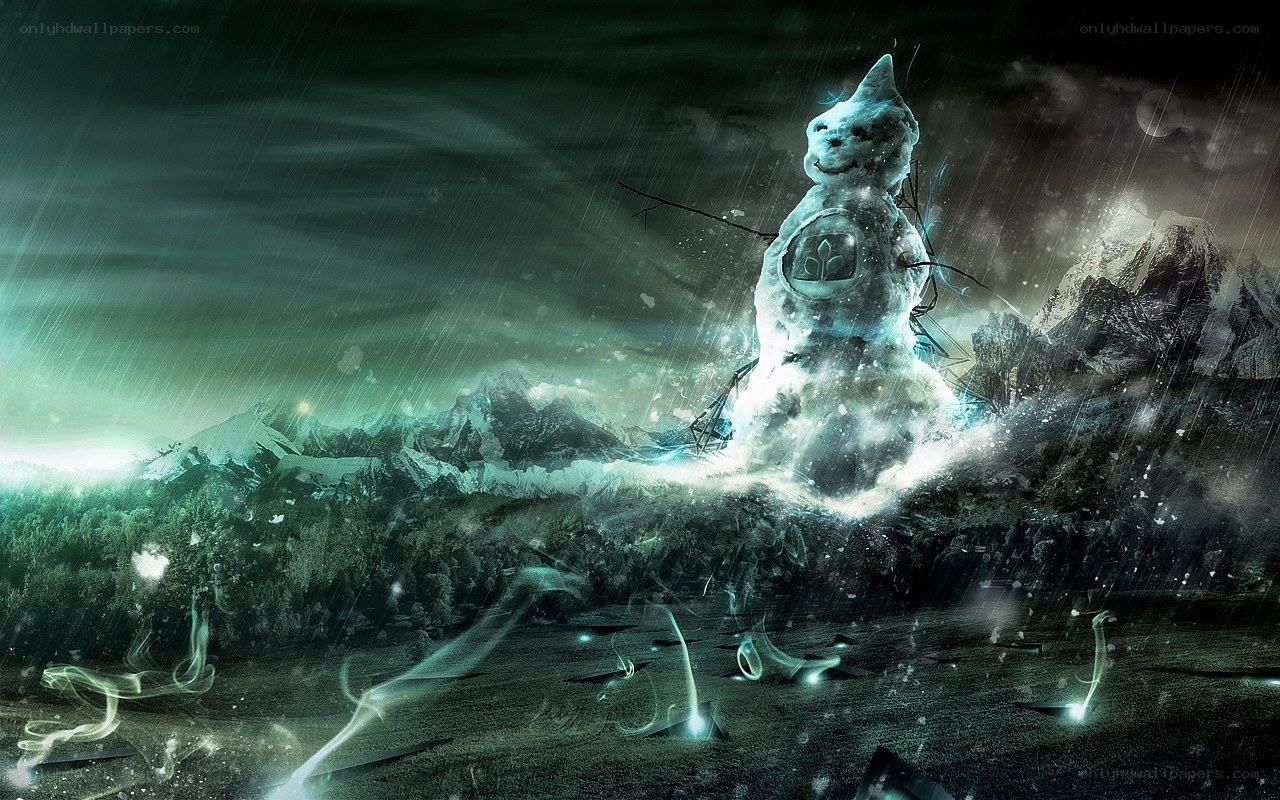 snowman in stormy landscape