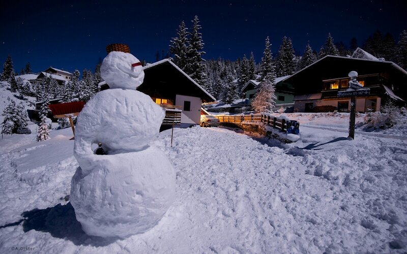 Snowman in Village — White