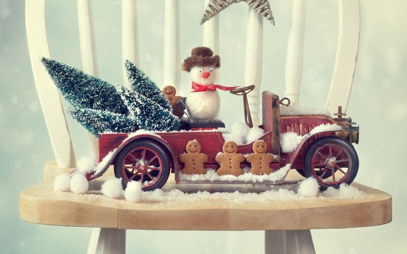 Snowman in Vintage Car
