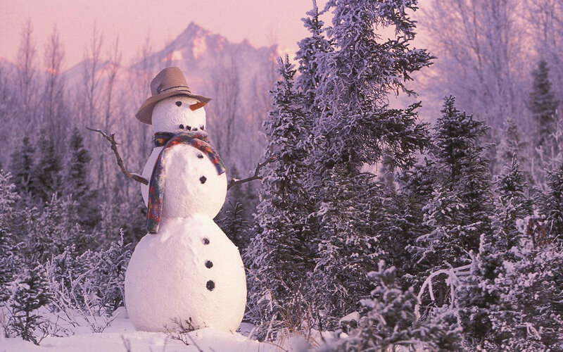Snowman in winter forest