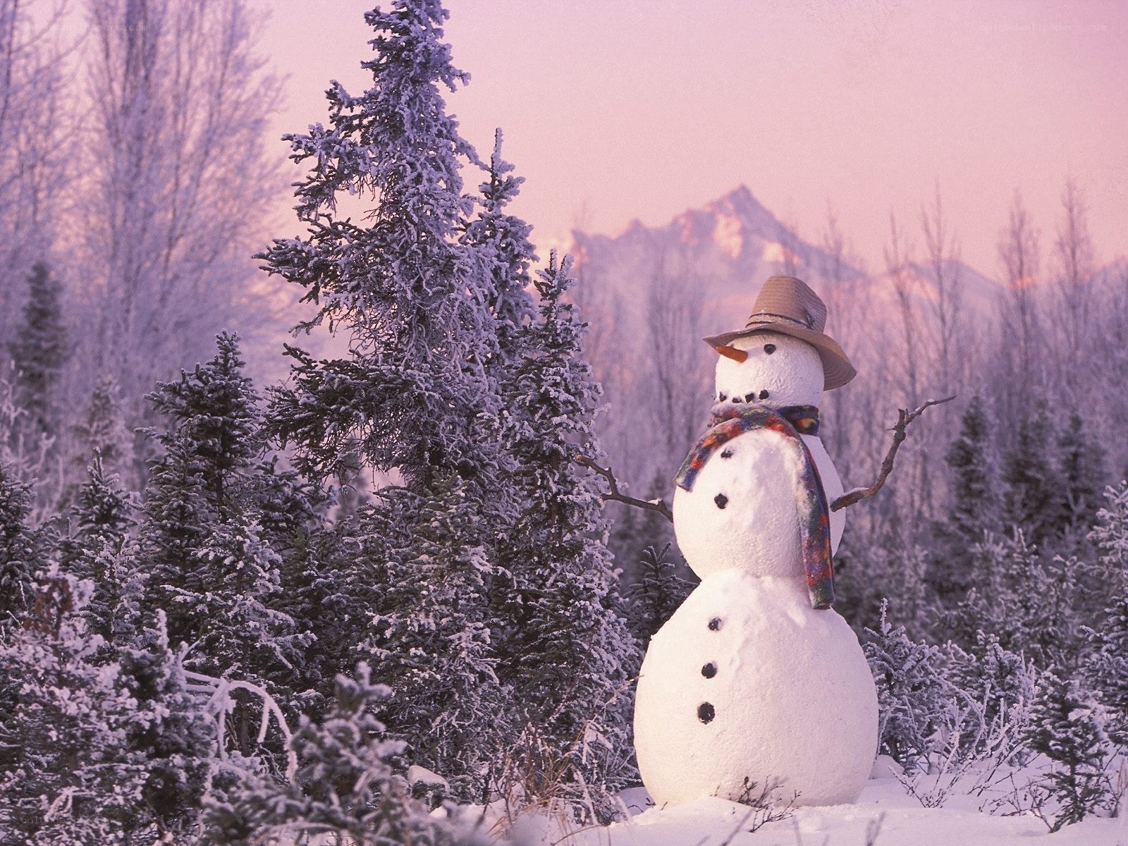 Snowman in winter forest