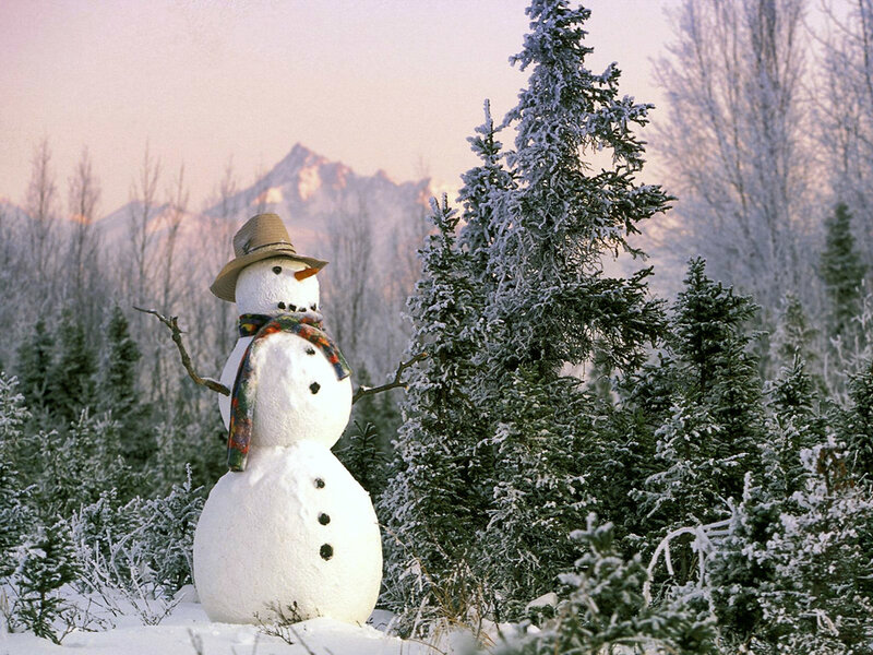 Snowman in winter forest