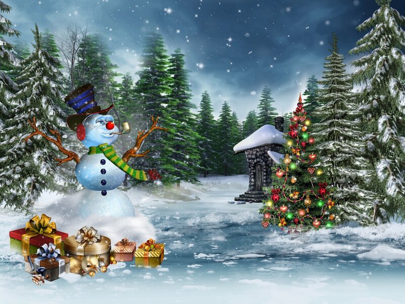 Snowman in Winter Forest — Blue, Festive