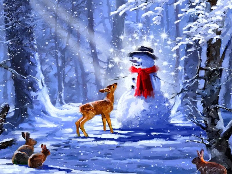 Snowman in Winter Forest — Blue, Serene