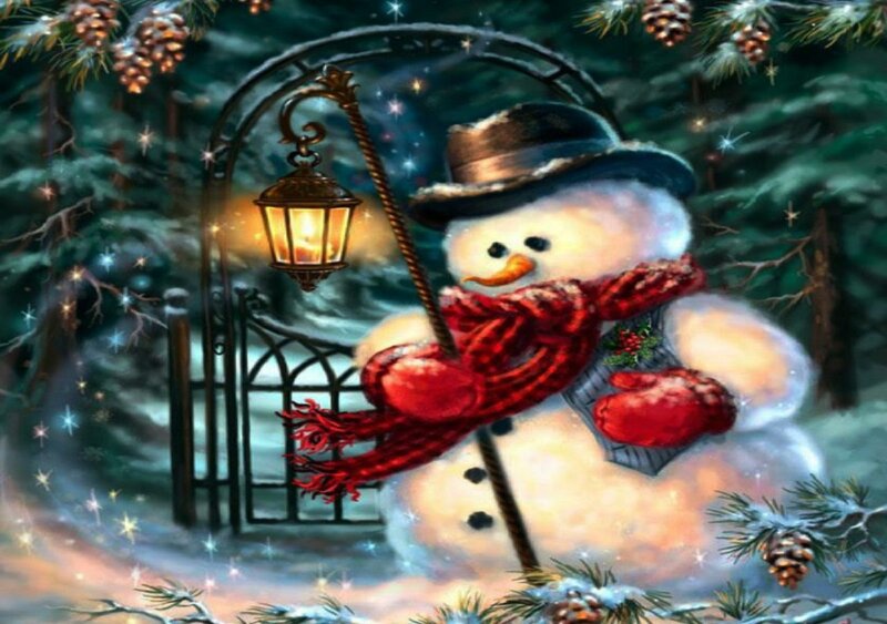 Snowman in Winter Forest — White, Festive, Night