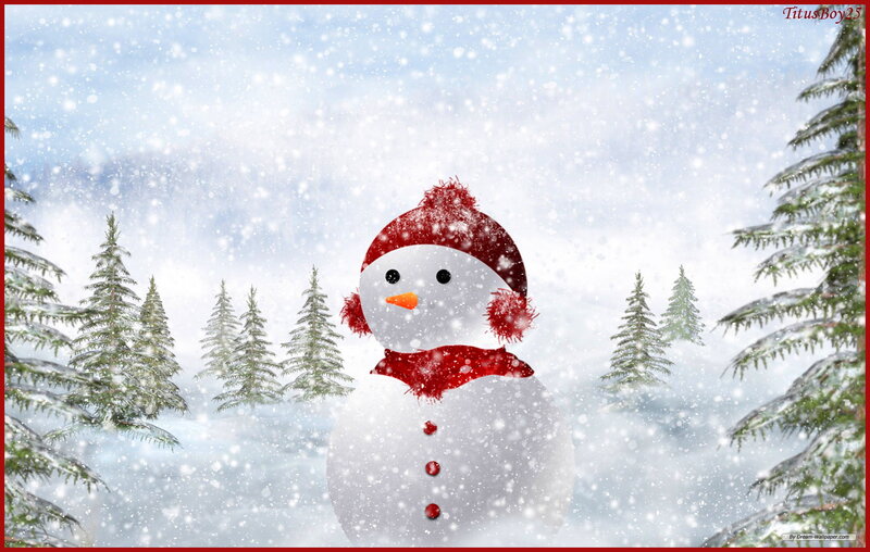 Snowman in Winter Forest — White, Peaceful, Digital Art, Pine Trees