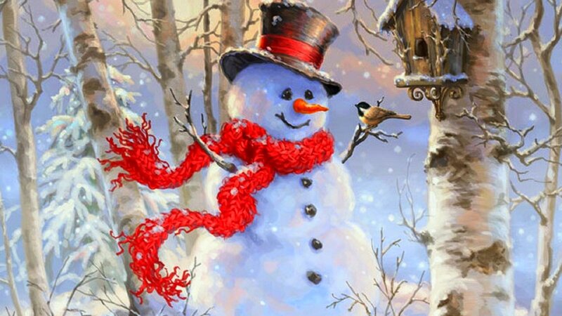 Snowman in Winter Forest — White, Peaceful, Painting