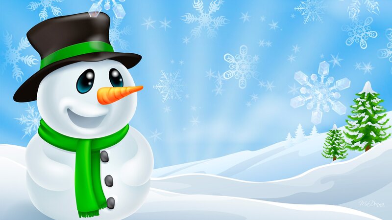 Snowman in Winter Landscape — Blue, Festive, Digital Art