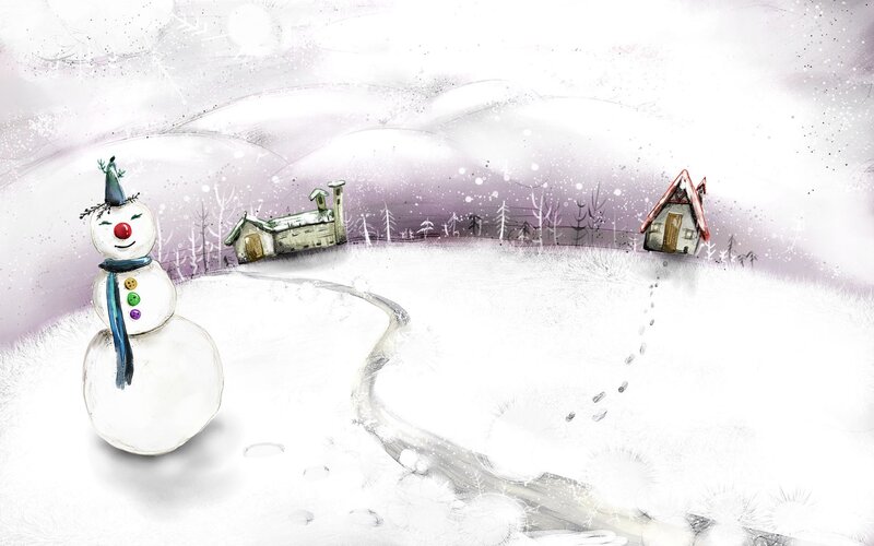 Snowman in Winter Landscape — White, Serene, Illustration, Houses