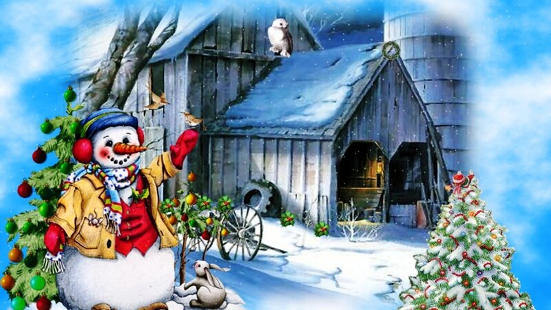 Snowman in Winter Scene — Blue, Festive, Digital Art, Barn